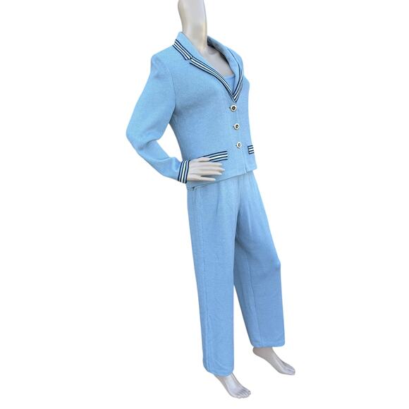 St. John 8 M 6 Santana Knit 3pc Pant Suit Set Light Blue Jacket Tank Pants - Picture 15 of 16